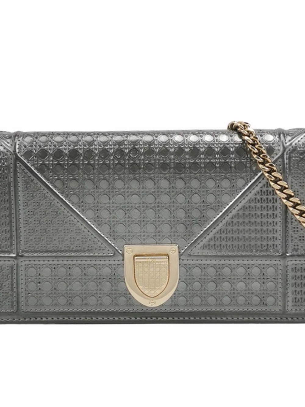Diorama Metallic Grey Cannage Envelope Clutch with Gold Chain